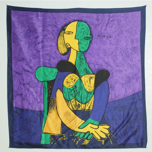 Vintage French Scarf after Pablo Picasso Cubist Portrait of "Femme Assise 1980s. This vintage Picasso silk scarf features...