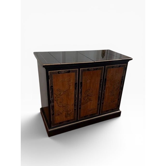 Chinoiserie Drexel Heritage Chinoiserie Black Lacquer Bar Cabinet With Drop-Leaf Top For Sale - Image 3 of 11