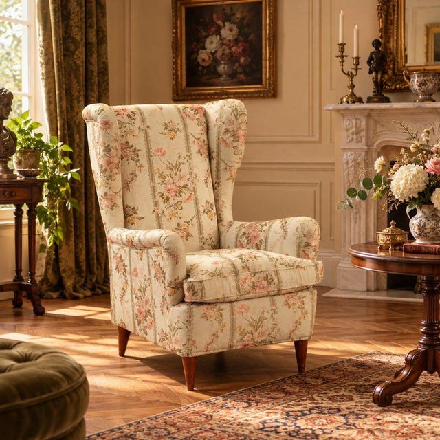 1950s Italian-made bergère armchair, featuring a classic and timeless design. The wooden legs provide stability and a...