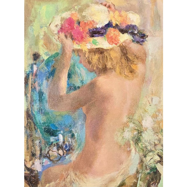 Wallace Bassford- Nude Girl Trying a Flowery Hat in the Mirror- Oil Painting For Sale - Image 4 of 8