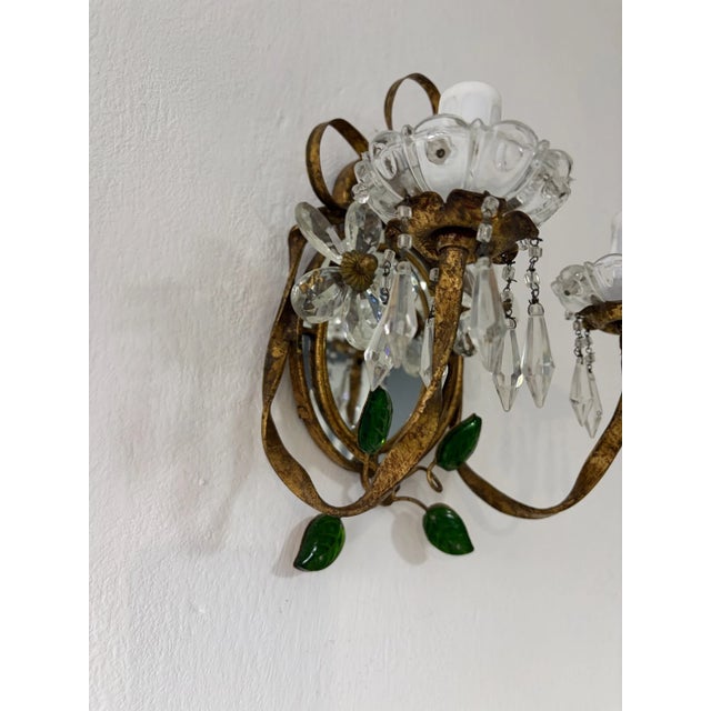 1920s French Maison Baguès Green Colored Leaves Floral Crystal Prisms Bows Sconces For Sale - Image 5 of 9