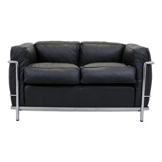 LC2 Sofa Black Leather Seats by Le Corbusier for Cassina, 2010s For Sale