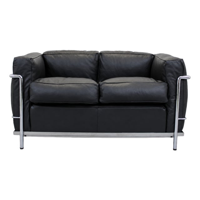 LC2 Sofa Black Leather Seats by Le Corbusier for Cassina, 2010s For Sale