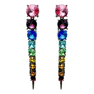Oscar De La Renta Hematite Plated Rainbow Swarovski Crystal Drop Earrings, Pair For Sale