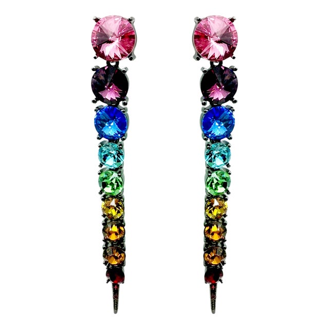 Oscar De La Renta Hematite Plated Rainbow Swarovski Crystal Drop Earrings, Pair For Sale
