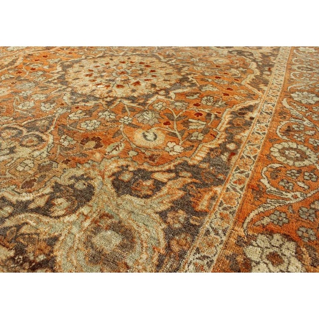Late 19th Century Antique Persian Tabriz Haji Jalili With Central Medallion and Florals in Orange, Brown For Sale - Image 5 of 7