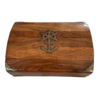 Vintage Barrel Topped Wooden Box With Brass Anchor Inlay For Sale