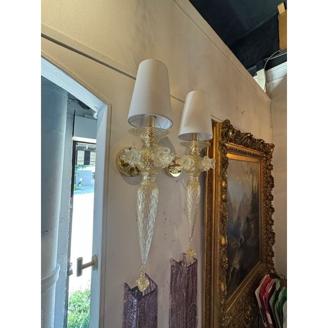 Transparent Murano Gold Venetian Style Flower Sconces - a Pair For Sale - Image 8 of 8
