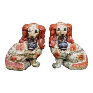 Oversized Pair of Staffordshire Style Spaniel Dog Figurines With Baskets For Sale