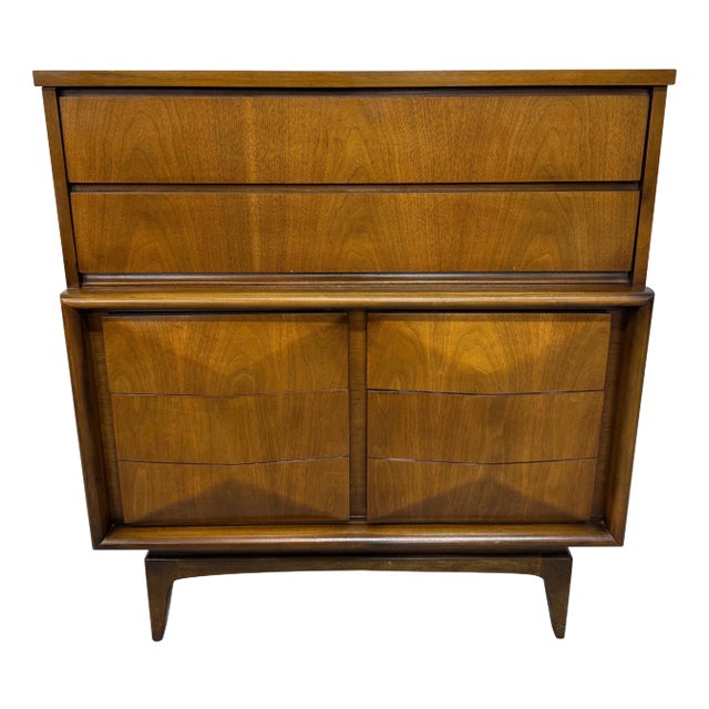 Mid-Century Modern United Diamond Walnut High Chest For Sale