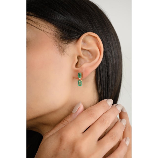 Modern 4.06 Ctw Octagon Cut Emerald Diamond Dangle Earrings - a Pair For Sale - Image 3 of 11