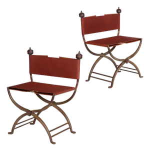 Antique Pair of Wrought-Iron and Leather Savonarola Chairs, Early 20th Century