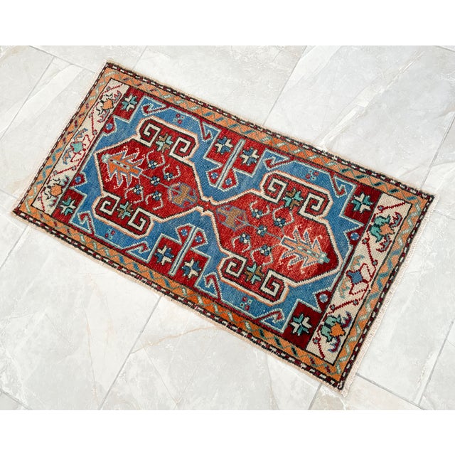 1970s Distressed Low Pile Oushak Yastik Petite Rug Low Pile Faded Colors Mat - 19'' X 36'' For Sale - Image 5 of 9