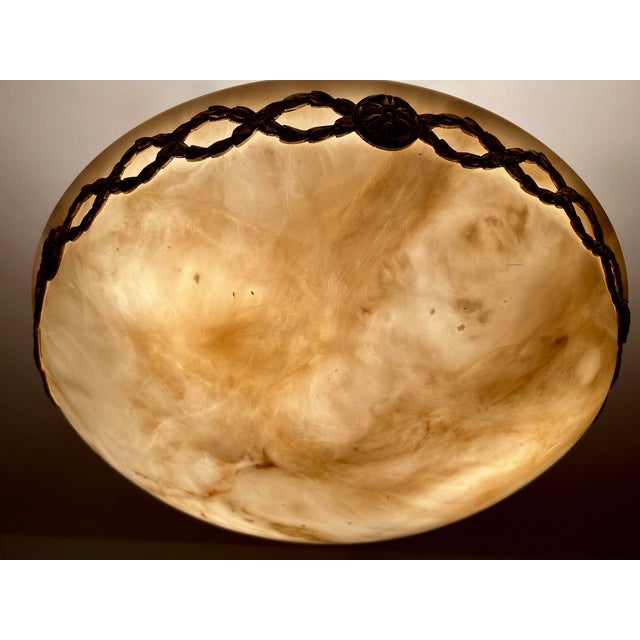 Gold French Art Deco Alabaster and Bronze Pendant Light, 1930s For Sale - Image 8 of 18