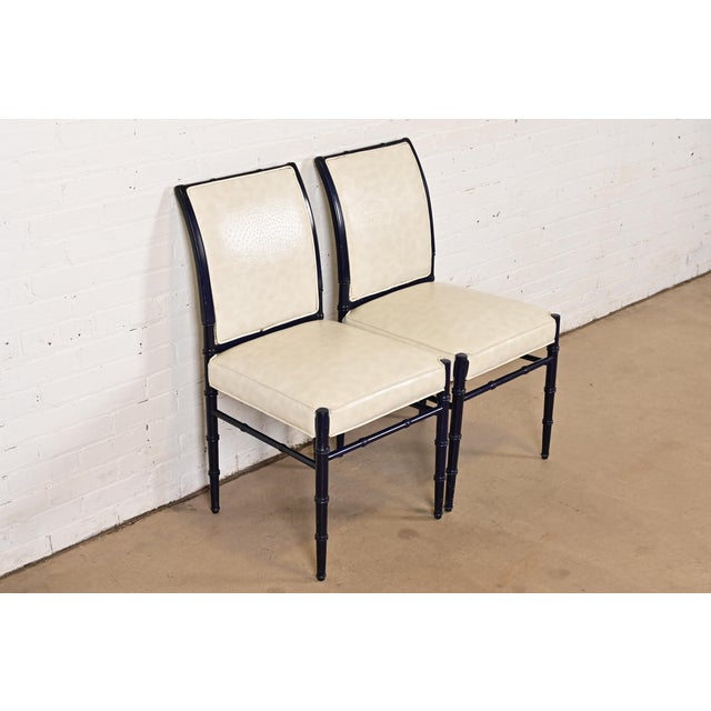 Baker Furniture Company Baker Furniture Style Mid-Century Hollywood Regency Ebonized Faux Bamboo Side Chairs or Dining Chairs, Pair For Sale - Image 4 of 12