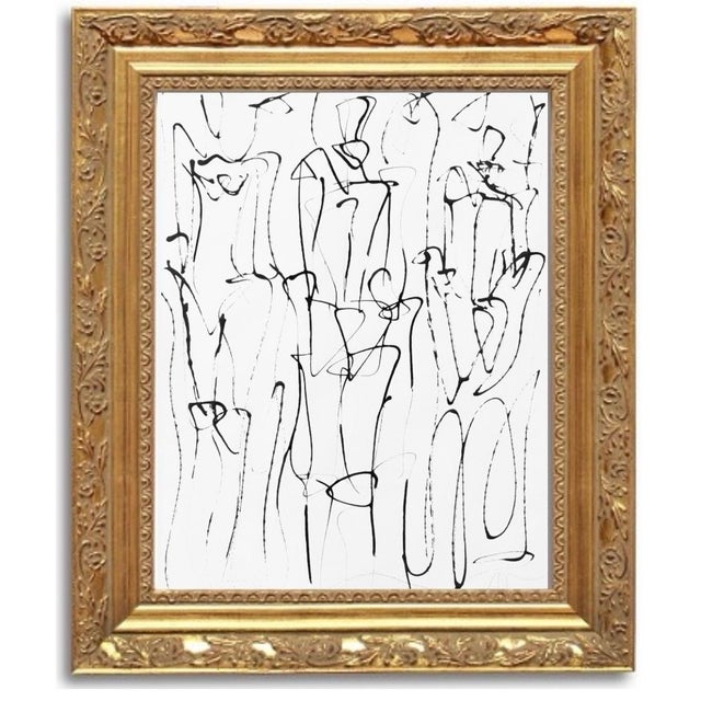 Abstract original India ink figure study in custom gilded carved frame with overall dimensions of 18 inches by 23 inches...