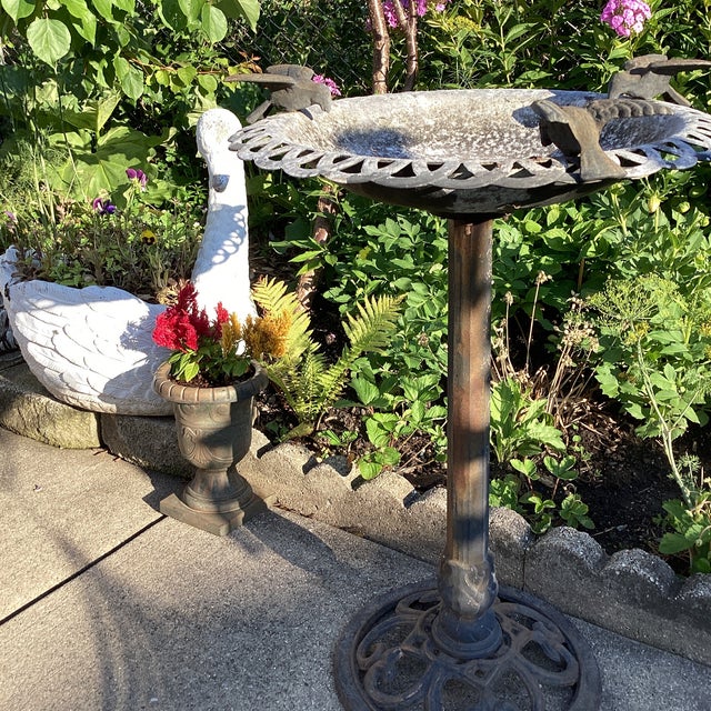 Charcoal Vintage Bird Bath Aluminum With Iron Filigree Base and Perching Bird Sculpture For Sale - Image 8 of 12