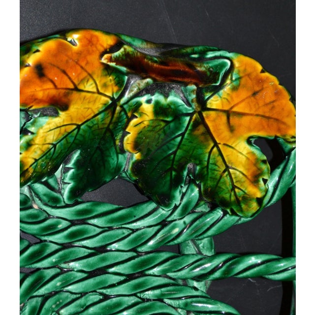 Ceramic Vallauris France Glazed Woven Ceramic Basket Dark Green Fall Motif Pottery 70 For Sale - Image 7 of 12
