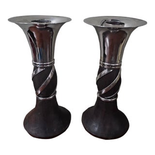 William Spratling Sterling Silver and Rosewood Candlesticks For Sale