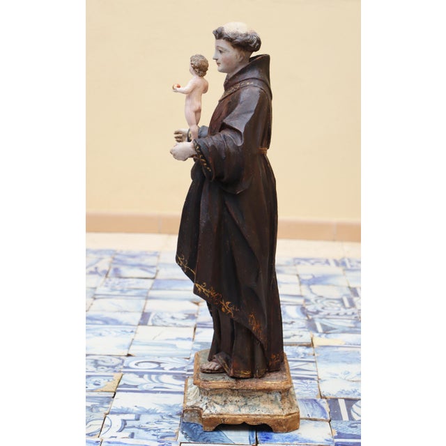 Brown Antique Large Saint Anthony of Padua With Glass Eyes and the Child Jesus, 18th Century, Portuguese For Sale - Image 8 of 18