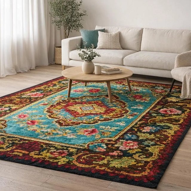 Handwoven wool rug in a Romanian/Moldovan folk style, featuring a bold floral-and-geometric pattern on a teal/turquoise...