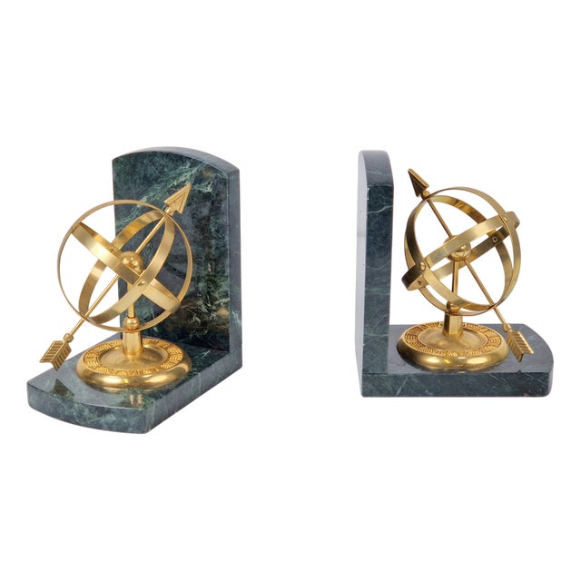 Nautical Brass & Marble Sundial Bookends, Set of 2 For Sale
