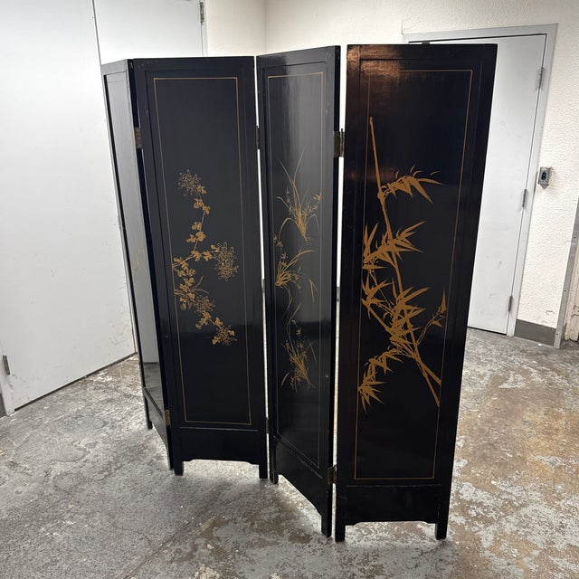 Late 20th Century Chinoiserie Black Lacquer Four-Panel Folding Screen, Vintage For Sale - Image 5 of 12