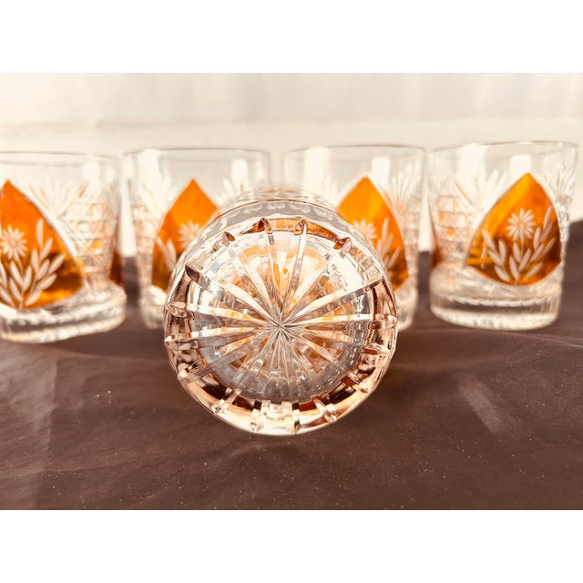 French Vintage Bohemian Crystal Cut With Amber Floral Design Tumblers S/5 For Sale - Image 3 of 6