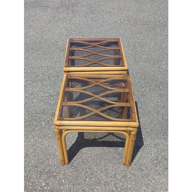 Mid-Century Modern Vintage Boho Bamboo Rattan Table Set- Set of Three For Sale - Image 3 of 12