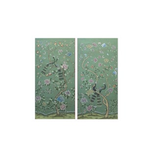 W20"* H40", Emerald Green Peacock Peony 2-Panel Chinoiserie Wallpaper Panels , No Frame, Tea Paper For Sale