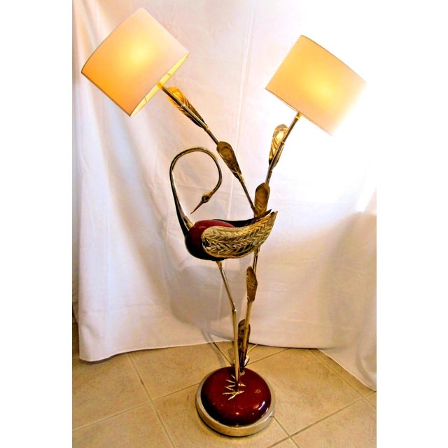 This is a rare Antonio Pavia brass and red lacquered wood stork floor lamp from the 1980s. This contemporary lamp features...