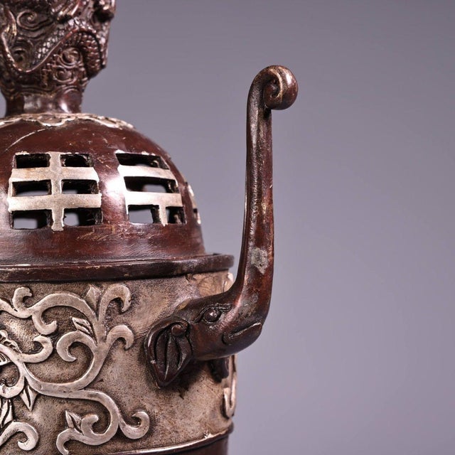 Bronze Bronze & Silver-Inlaid Tripod Censer With Elephant Legs & Bagua Lid For Sale - Image 8 of 8