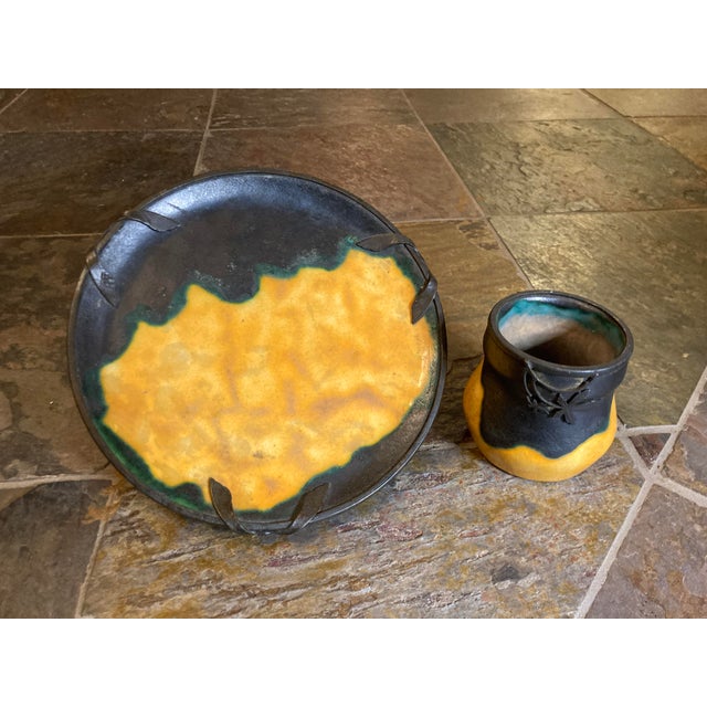 1920s Louis Dage and Eugene Val French Art Deco Ceramic Pottery - Set of 2 Pieces, Platter and Cup, Famous Egg Yolk Glaze For Sale - Image 13 of 13