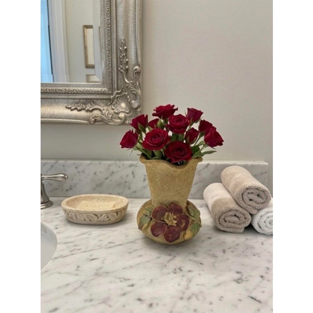 Vintage Italian Majolica Style Textured Ochre Pottery Vase With 3d Applied Floral Detail For Sale - Image 11 of 12