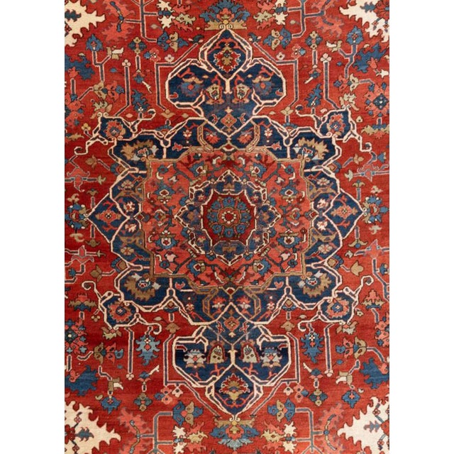 Antique Persian Serapi Carpet Handmade Wool Oriental Rug, Red, Ivory, Light Blue For Sale - Image 14 of 18