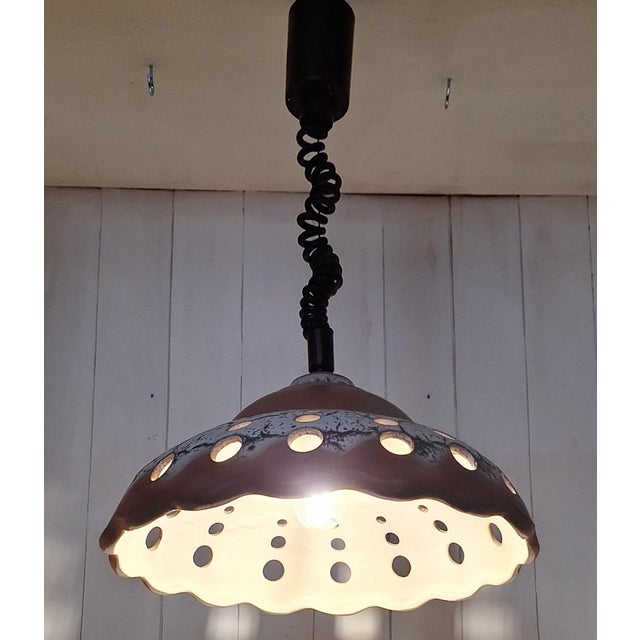1970s Vintage Ceiling Lamp with Openwork Ceramic Shade on Height-Adjustable Plastic Mount, 1970s For Sale - Image 5 of 7