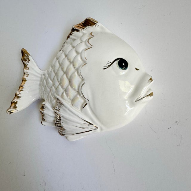 Mid Century Ceramic Fish Wall Plaques Gold White Iridescent Luster Kitschy Bathroom Decor a Pair For Sale - Image 9 of 11