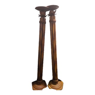 Late 20th Century Hollywood Regency Style Faux-Bamboo Floor Candlesticks. For Sale