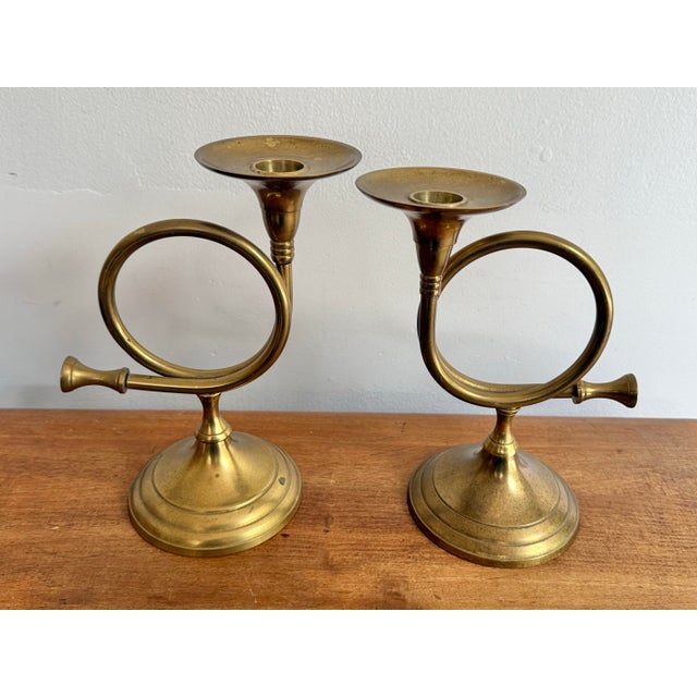 Brass Brass French Horn Candlestick Holders, a Pair For Sale - Image 8 of 8