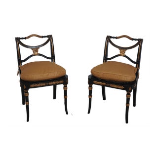 Pair Theodore Alexander Regency Style Black & Gold Side Chairs For Sale