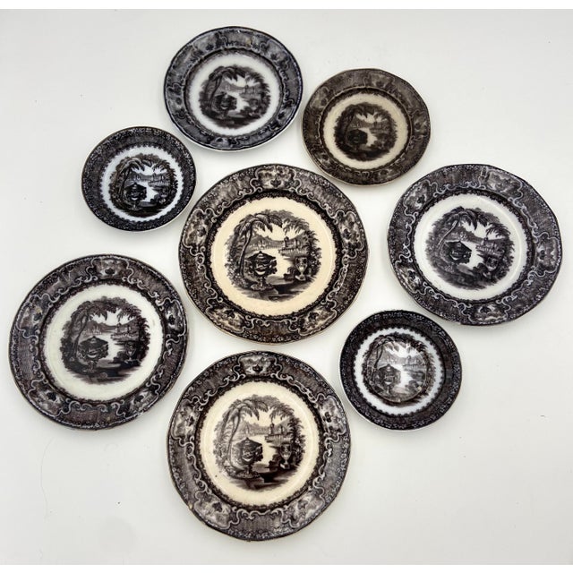 Antique P. W. & Co. Black Mulberry Ware Plates, “Washington’s Vase” - Set of 8 For Sale - Image 13 of 13