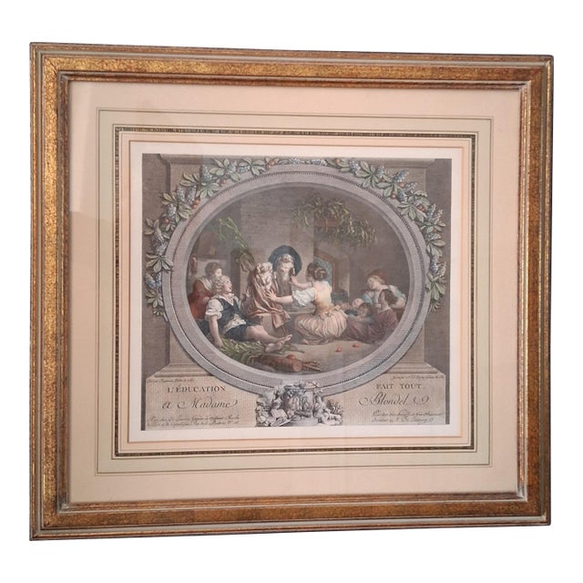 Hand-Colored Engraving "Education Is Everything" After Fragonard 1960s For Sale