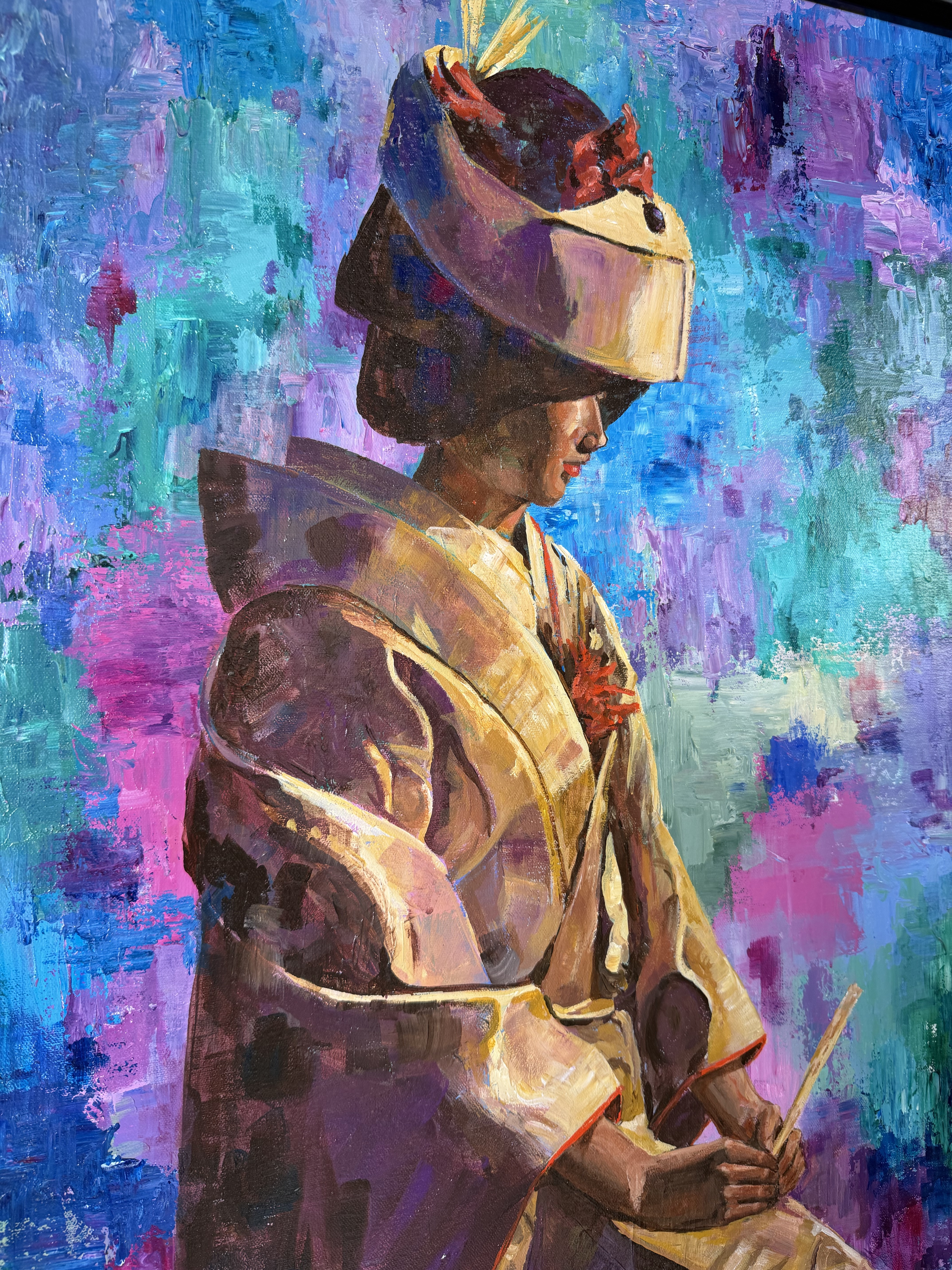 絵画 Hand written Painting 1980's Marion Swartz Japanese Lady Oil Painting – Vibrant
