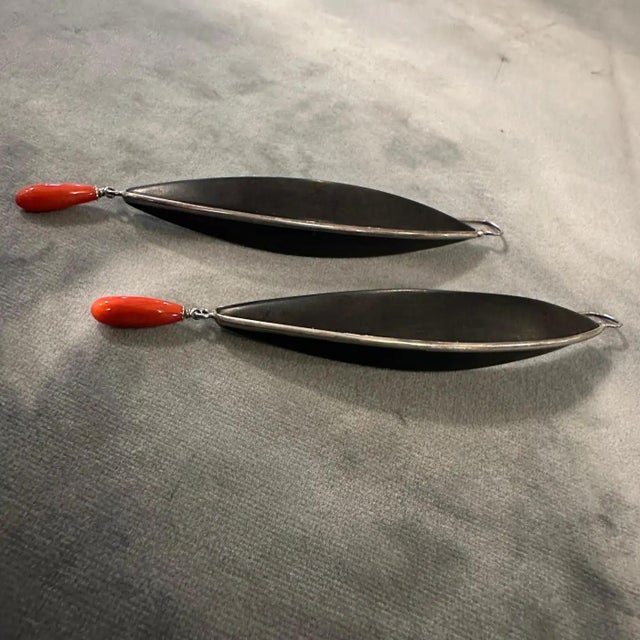 Black 21st Century Modern Sterling Silver Ebony and Mediterranean Coral Stud Earrings For Sale - Image 8 of 11