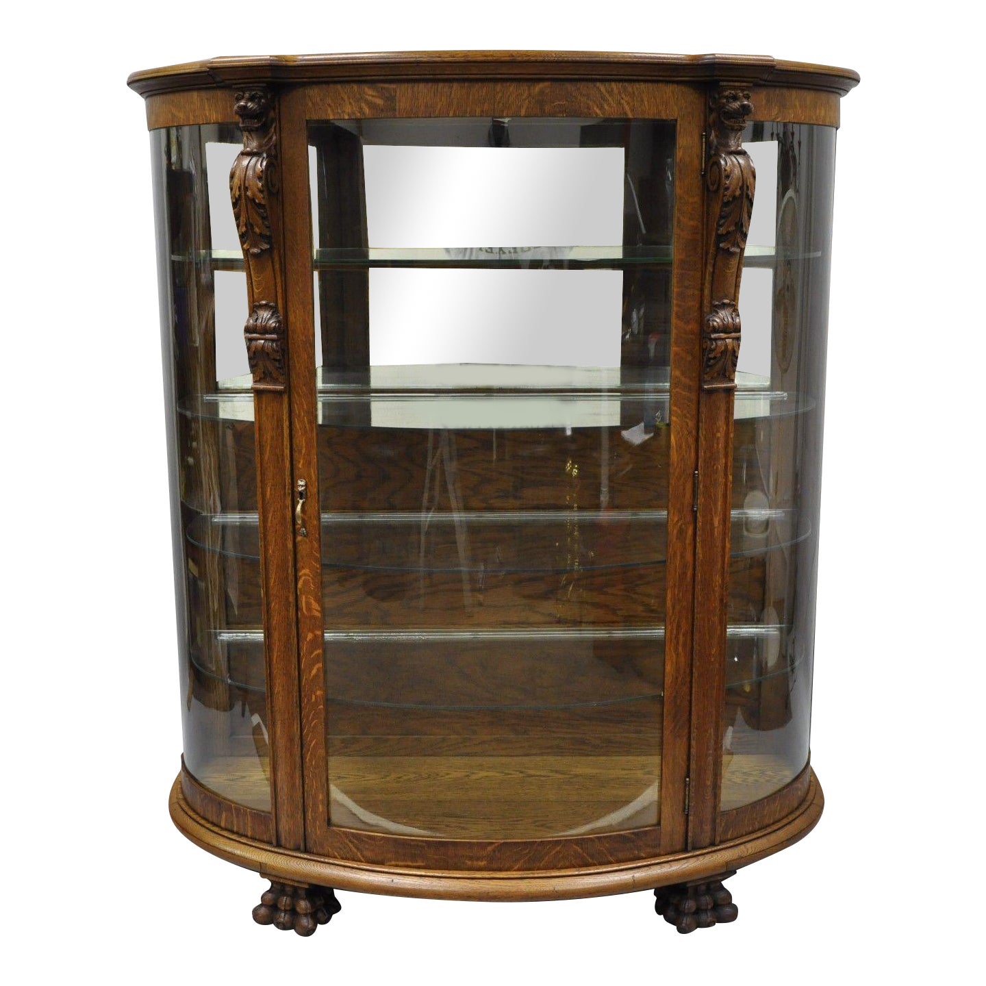 Cowperthwait Tiger Oak Triple Bow Front Glass China Cabinet Curio