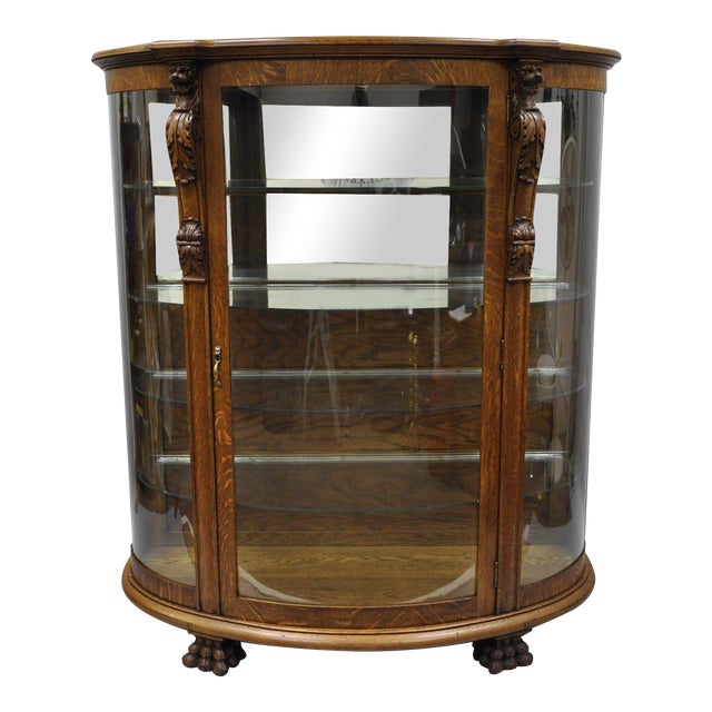 Cowperthwait Tiger Oak Triple Bow Front Glass China Cabinet Curio