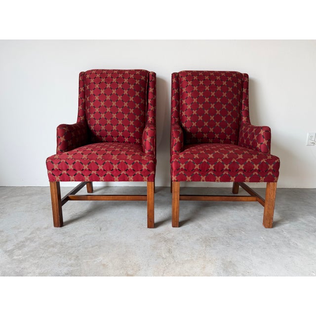 Mid-Century Modern Vintage Hickory Traditional Upholstered Wingback Armchairs – A Pair For Sale - Image 3 of 12