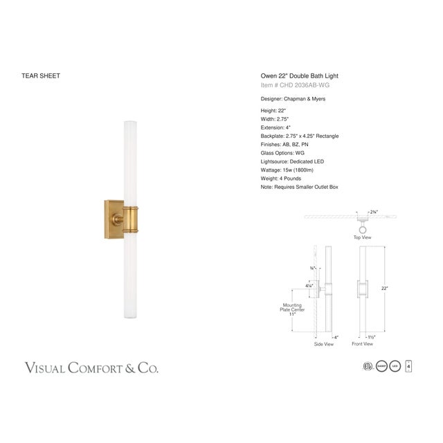 Chapman & Myers for Visual Comfort Signature Owen 22" Double Bath Light in Antique-Burnished Brass with White Glass For Sale In Houston - Image 6 of 8