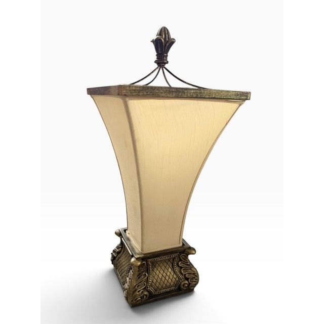 Hollywood Regency Vintage Hollywood Regency Ornate Gold-Tone Table Lamp With Square Fabric Shade For Sale - Image 3 of 6