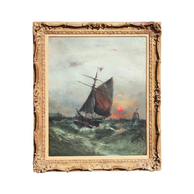 Blue toned impressionist sunset seascape depicting a boat in a wavy sea. Signed by artist in bottom left. Framed in a...